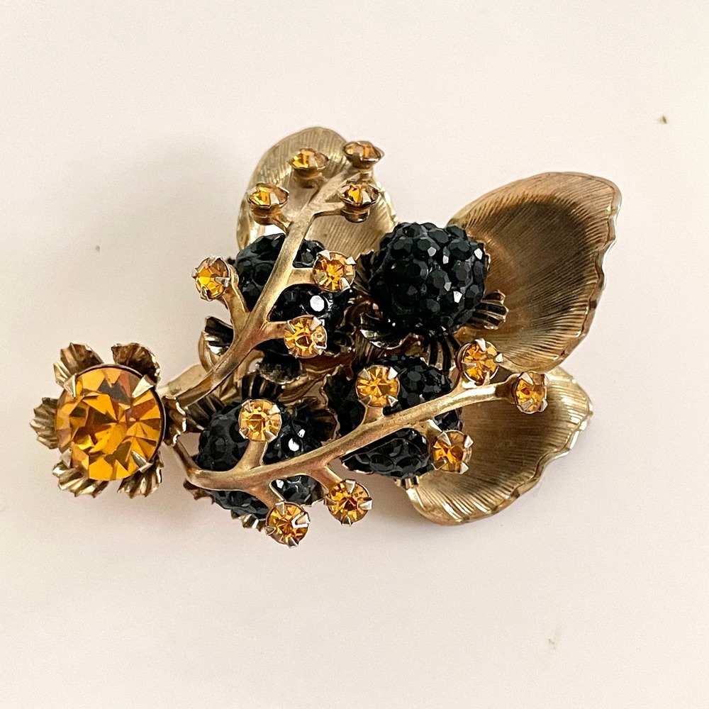 Vintage Black & Amber Rhinestone Brooch Gold Tone Berry Leaf Statement Pin - Picture 5 of 11